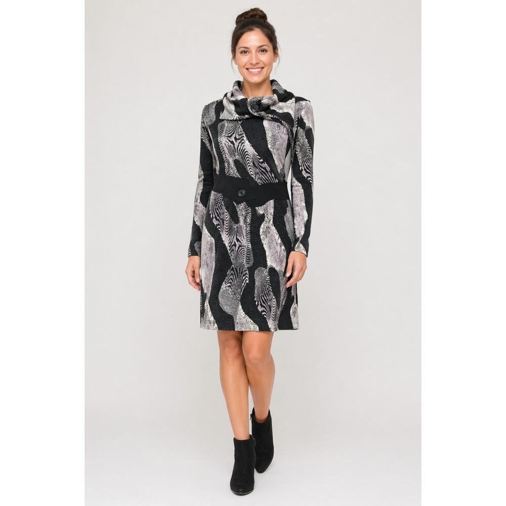 Sao Paulo Cowl Neck Long Sleeve Abstract Dress Women's Size 6 Black White